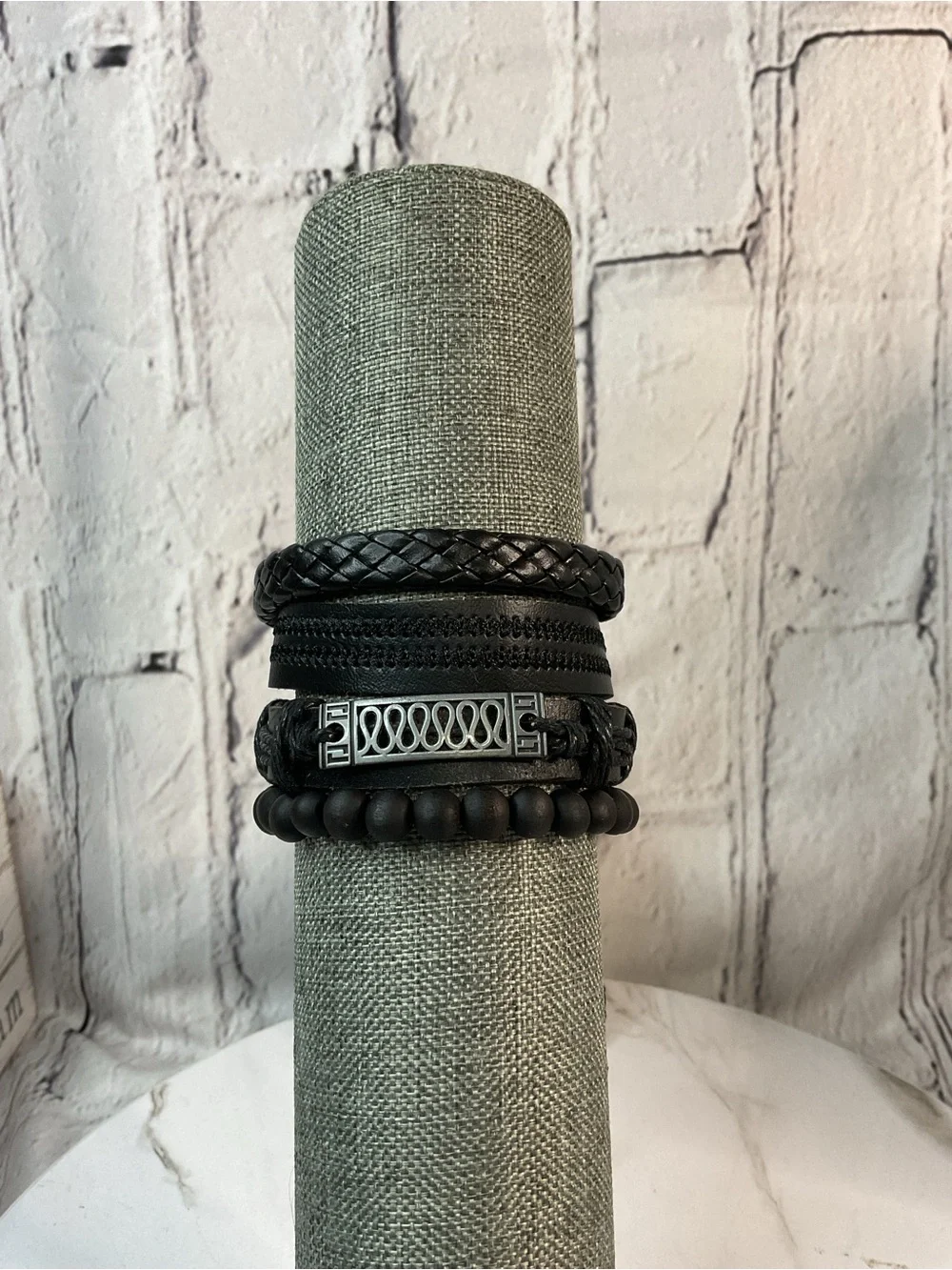 🌟🌟 Men's Black Layered Leather & Bead Bracelet Set